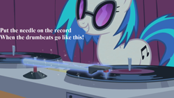 Size: 1280x720 | Tagged: safe, edit, edited screencap, screencap, character:dj pon-3, character:vinyl scratch, episode:suited for success, g4, my little pony: friendship is magic, cute, lyrics, magic, magic aura, marrs, phonograph, pump up the volume, song reference, sunglasses, text, vinylbetes