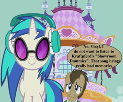 Size: 1296x1080 | Tagged: safe, edit, edited screencap, screencap, character:dj pon-3, character:doctor whooves, character:time turner, character:vinyl scratch, episode:slice of life, g4, my little pony: friendship is magic, carousel boutique, cropped, cute, dialogue, doctor who, doctorbetes, headphones, implied autons, kraftwerk, spearhead from space, speech, speech bubble, sunglasses, talking, terror of the autons, vinylbetes