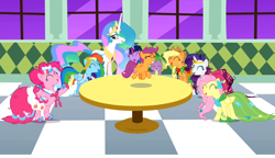 Size: 1280x736 | Tagged: safe, edit, edited screencap, screencap, character:applejack, character:fluttershy, character:pinkie pie, character:princess celestia, character:rainbow dash, character:rarity, character:scootaloo, character:spike, character:twilight sparkle, species:alicorn, species:dragon, species:earth pony, species:pegasus, species:pony, species:unicorn, episode:the best night ever, g4, my little pony: friendship is magic, cheering up, clothing, drama, dress, eyes closed, female, filly, gala dress, laughing, male, mane seven, mane six, mare