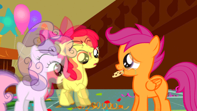 Size: 640x360 | Tagged: safe, edit, edited screencap, screencap, character:apple bloom, character:scootaloo, character:sweetie belle, species:earth pony, species:pegasus, species:pony, species:unicorn, episode:call of the cutie, episode:flight to the finish, g4, my little pony: friendship is magic, animated, bad end, bully, bullying, credit joke, credits, cutie mark crusaders, end credits, female, filly