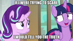 Size: 888x500 | Tagged: safe, edit, edited screencap, screencap, character:starlight glimmer, character:twilight sparkle, character:twilight sparkle (alicorn), species:alicorn, species:pony, species:unicorn, episode:the beginning of the end, g4, my little pony: friendship is magic, caption, image macro, text
