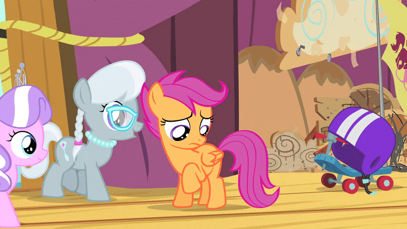 Size: 800x450 | Tagged: safe, edit, edited screencap, screencap, character:diamond tiara, character:rainbow dash, character:scootaloo, character:silver spoon, species:earth pony, species:pegasus, species:pony, episode:flight to the finish, episode:friendship is magic, g4, my little pony: friendship is magic, abuse, animated, bully, bullying, credit joke, female, filly, laughing, mare, op is a duck, out of character, rainbow douche