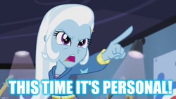 Size: 1280x720 | Tagged: safe, edit, edited screencap, screencap, character:trixie, episode:guitar centered, equestria girls:rainbow rocks, g4, my little pony: equestria girls, my little pony:equestria girls, caption, image macro, jaws, meme, reference, text, trixie yells at everything