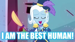Size: 1280x720 | Tagged: safe, edit, edited screencap, screencap, character:trixie, episode:street magic with trixie, g4, my little pony: equestria girls, my little pony:equestria girls, spoiler:eqg series (season 2), best human, caption, image macro, implied sci-twi, magic, magician outfit, meme, sword, telekinesis, text, trixie yells at everything, weapon