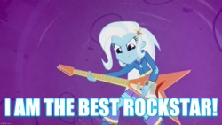 Size: 1280x720 | Tagged: safe, edit, edited screencap, screencap, character:trixie, episode:guitar centered, equestria girls:rainbow rocks, g4, my little pony: equestria girls, my little pony:equestria girls, caption, guitar, image macro, meme, musical instrument, text, trixie yells at everything