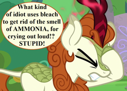 Size: 1008x720 | Tagged: safe, edit, edited screencap, screencap, character:autumn blaze, episode:sounds of silence, g4, my little pony: friendship is magic, angry, chemistry, cropped, dialogue, implied moron, speech, speech bubble, talking, this will end in nirik