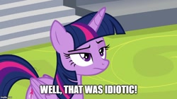 Size: 888x499 | Tagged: safe, edit, edited screencap, screencap, character:twilight sparkle, character:twilight sparkle (alicorn), species:alicorn, species:pony, episode:horse play, g4, my little pony: friendship is magic, caption, female, image macro, mare, meme, reaction image, solo, spy, team fortress 2, text, twilight is not amused, unamused