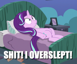 Size: 945x784 | Tagged: safe, edit, edited screencap, screencap, character:starlight glimmer, episode:every little thing she does, g4, my little pony: friendship is magic, bed, caption, cropped, exploitable meme, image macro, meme, starlight bedridden, text, vulgar