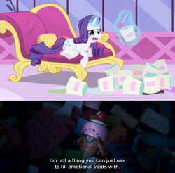 Size: 2000x1971 | Tagged: safe, edit, edited screencap, screencap, character:rarity, species:pony, species:unicorn, episode:inspiration manifestation, g4, my little pony: friendship is magic, annoyed, caption, carousel boutique, comfort eating, cropped, crying, cute, drama, drama queen, eating, everything's not awesome, exploitable meme, faec, fainting couch, female, food, glowing horn, horn, ice cream, ice cream cone, ice cream cone (the lego movie), image macro, lego, lying down, magic, makeup, mare, marshmelodrama, mascara, mascarity, meme, open mouth, raribetes, rarity being rarity, running makeup, text, the lego movie 2: the second part
