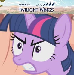 Size: 338x343 | Tagged: safe, edit, edited screencap, screencap, character:twilight sparkle, species:pony, episode:the return of harmony, g4, my little pony: friendship is magic, angry, cropped, crossover, female, gritted teeth, mare, pokémon, pokémon twilight wings, reaction image, solo