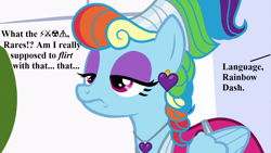 Size: 1280x720 | Tagged: safe, edit, edited screencap, screencap, character:rainbow dash, episode:sparkle's seven, g4, my little pony: friendship is magic, alternate hairstyle, censored vulgarity, clothing, dress, ear piercing, earring, grawlixes, implied rarity, implied zephyr breeze, jewelry, megaradash, necklace, piercing, rainbow dash always dresses in style, rainbow dash is not amused, unamused