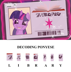 Size: 1920x1952 | Tagged: safe, edit, edited screencap, screencap, character:twilight sparkle, character:twilight sparkle (unicorn), species:pony, species:unicorn, episode:the point of no return, g4, my little pony: friendship is magic, adorkable, alien language, barcode, cute, derp, discovery family logo, dork, faec, female, grin, happy, hieroglyphics, levitation, library card, looking at you, magic, magic aura, mare, open mouth, smiling, solo, sparkles, telekinesis, theory, twiabetes, written equestrian