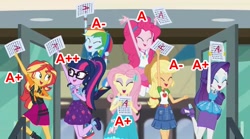 Size: 1257x697 | Tagged: safe, edit, edited screencap, screencap, character:applejack, character:fluttershy, character:pinkie pie, character:rainbow dash, character:rarity, character:sunset shimmer, character:twilight sparkle, character:twilight sparkle (scitwi), species:eqg human, episode:the finals countdown, g4, my little pony: equestria girls, my little pony:equestria girls, humane five, humane seven, humane six