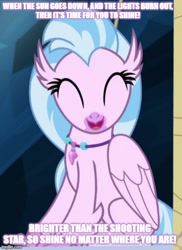 Size: 500x687 | Tagged: safe, edit, edited screencap, screencap, character:silverstream, species:classical hippogriff, species:hippogriff, episode:uprooted, g4, my little pony: friendship is magic, caption, cropped, cute, diastreamies, eyes closed, female, happy, image macro, jewelry, meme, necklace, owl city, shooting star, sitting, solo, song reference, text