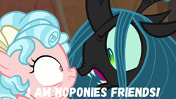 Size: 1280x720 | Tagged: safe, edit, edited screencap, screencap, character:cozy glow, character:queen chrysalis, species:changeling, species:pegasus, species:pony, episode:frenemies, g4, my little pony: friendship is magic, angry, boop, female, filly, former queen chrysalis, meme, noseboop, text, triggered