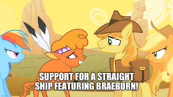 Size: 1280x720 | Tagged: safe, edit, edited screencap, screencap, character:applejack, character:braeburn, character:little strongheart, character:rainbow dash, species:buffalo, species:earth pony, species:pegasus, species:pony, ship:braeheart, episode:over a barrel, g4, my little pony: friendship is magic, bag, caption, clothing, cowboy hat, feather, female, hat, headdress, image macro, male, mare, saddle bag, shipping, stallion, straight, text, vest