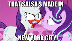 Size: 711x400 | Tagged: safe, edit, edited screencap, screencap, character:rarity, character:starlight glimmer, episode:a-dressing memories, spoiler:a-dressing memories, spoiler:mlp friendship is forever, caption, carousel boutique, image macro, new york city, pace, pace salsa, rarity's glasses, salsa, text