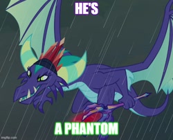 Size: 618x500 | Tagged: safe, edit, edited screencap, screencap, character:gaius, species:dragon, episode:the hearth's warming club, g4, my little pony: friendship is magic, bloodstone scepter, caption, cropped, danny phantom, dragon crown, dragon lord, flying, image macro, male, meme, rain, solo, text, trap, wings