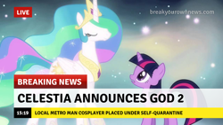 Size: 1280x720 | Tagged: safe, edit, edited screencap, screencap, character:princess celestia, character:twilight sparkle, species:alicorn, species:pony, species:unicorn, episode:magical mystery cure, g4, my little pony: friendship is magic, break your own news, breaking news, despacito 2, eyes closed, live, princess celestia's special princess making dimension