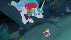Size: 1920x1080 | Tagged: safe, edit, edited screencap, screencap, character:princess celestia, species:alicorn, species:bird, species:chicken, species:pony, episode:between dark and dawn, g4, my little pony: friendship is magic, alektorophobia, animal crossing, frightened, goose (animal crossing), looking down, that princess sure is afraid of chickens, tree