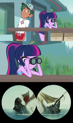 Size: 1280x2160 | Tagged: safe, edit, edited screencap, screencap, character:timber spruce, character:twilight sparkle, character:twilight sparkle (scitwi), species:eqg human, episode:unsolved selfie mysteries, g4, my little pony: equestria girls, my little pony:equestria girls, binoculars, clothing, crossover, davy jones, dead man's chest, female, kraken, leviathan, lifeguard timber, male, pirates of the caribbean, sadism, schadenfreude, sea monster, ship, swimsuit