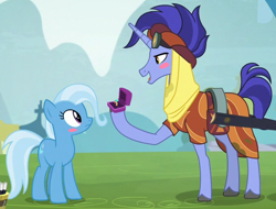 Size: 620x472 | Tagged: safe, edit, edited screencap, screencap, character:hoo'far, character:trixie, ship:trixfar, episode:on the road to friendship, blush sticker, blushing, cropped, engagement ring, female, male, marriage proposal, ring, shipping, straight