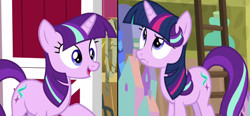 Size: 1392x644 | Tagged: safe, edit, edited screencap, screencap, character:starlight glimmer, species:pony, species:unicorn, episode:a matter of principals, episode:harvesting memories, g4, my little pony: friendship is magic, spoiler:harvesting memories, barn, comparison, ladder, mane swap, rope, starlight sparkle, wig