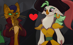 Size: 1302x804 | Tagged: safe, edit, edited screencap, screencap, character:capper dapperpaws, character:captain celaeno, ship:caplaeno, my little pony: the movie (2017), cropped, female, heart, male, shipping, shipping domino, straight