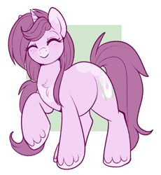 Size: 767x835 | Tagged: safe, artist:lulubell, oc, oc only, oc:mulberry tart, species:pony, species:unicorn, chest fluff, chubby, eyes closed, female, freckles, mare, solo, unshorn fetlocks