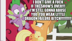 Size: 1280x720 | Tagged: safe, edit, edited screencap, screencap, character:applejack, character:spike, species:dragon, species:earth pony, species:pony, episode:harvesting memories, spoiler:harvesting memories, spoiler:mlp friendship is forever, 9now, abuse, angry, apple, apple tree, applejack is not amused, applejerk, caption, clothing, cowboy hat, duo, excessive exclamation marks, female, flying, food, funny, go to sleep garble, hat, image macro, implied abuse, looking at each other, male, mare, op is a duck, shitposting, spikeabuse, spikeposting, sweet apple acres, sweet apple acres barn, text, tree, unamused, vulgar, winged spike