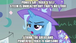 Size: 888x499 | Tagged: safe, edit, edited screencap, screencap, character:trixie, species:pony, species:unicorn, episode:a horse shoe-in, g4, my little pony: friendship is magic, cape, caption, clothing, female, great and powerful, hat, image macro, impact font, mare, meme, misspelling, narcissism, open mouth, solo, text, third person, trixie yells at everything, trixie's cape, trixie's hat