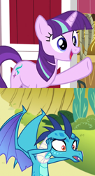 Size: 782x1440 | Tagged: safe, edit, edited screencap, screencap, character:princess ember, character:starlight glimmer, species:dragon, species:pony, species:unicorn, episode:harvesting memories, episode:triple threat, g4, my little pony: friendship is magic, spoiler:harvesting memories, spoiler:mlp friendship is forever, alternate hairstyle, color blindness, confused, cropped, dragoness, female, implied twilight sparkle, mare, starlight sparkle