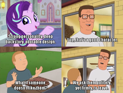 Size: 700x525 | Tagged: safe, edit, edited screencap, screencap, character:starlight glimmer, episode:a horse shoe-in, g4, my little pony: friendship is magic, caption, comic, cute, drama, female, get out, glimmerbetes, image macro, king of the hill, raised hoof, school of friendship, screencap comic, smiling, starlight drama, starlight drama drama, text