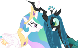 Size: 1680x1050 | Tagged: safe, edit, edited screencap, screencap, character:princess celestia, character:queen chrysalis, episode:a canterlot wedding, g4, my little pony: friendship is magic, angry, background removed, fight, looking at each other, not a vector, simple background, transparent background, vs