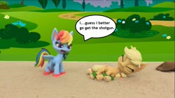 Size: 1231x692 | Tagged: safe, edit, edited screencap, screencap, character:applejack, character:rainbow dash, species:earth pony, species:pegasus, species:pony, my little pony: stop motion short, my little pony:pony life, applejack's hat, backwards cutie mark, clothing, cowboy hat, hat, rainbow douche, sand, stop motion, text, volleyball game between rainbow dash and applejack