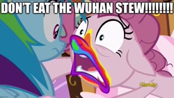 Size: 1280x720 | Tagged: safe, edit, edited screencap, screencap, character:pinkie pie, character:rainbow dash, episode:28 pranks later, g4, my little pony: friendship is magic, caption, cookie zombie, coronavirus, covid-19, excessive exclamation marks, image macro, sick, stew, text, wuhan, yelling