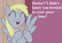Size: 1568x1080 | Tagged: safe, edit, edited screencap, screencap, character:derpy hooves, episode:slice of life, g4, my little pony: friendship is magic, bowling alley, cropped, cute, derpabetes, implied doctor whooves, pun, speech, talking