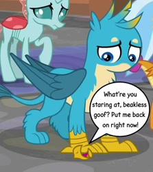 Size: 581x650 | Tagged: safe, edit, edited screencap, screencap, character:gallus, character:ocellus, character:silverstream, character:smolder, species:changedling, species:changeling, species:griffon, species:reformed changeling, episode:what lies beneath, g4, my little pony: friendship is magic, beak, beakless, cartoon physics, claws, cropped, dialogue, male, modular, monologue, no mouth, offscreen character, open beak, open mouth, paws, sad, speech bubble, talking, wat, wings