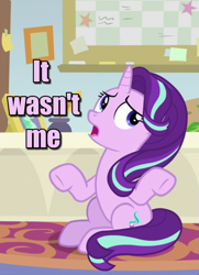 Size: 783x1080 | Tagged: safe, edit, edited screencap, screencap, character:starlight glimmer, species:pony, species:unicorn, episode:a horse shoe-in, g4, my little pony: friendship is magic, caption, cropped, female, image macro, inkwell, it wasn't me, mare, quill, solo, starlight's office, text