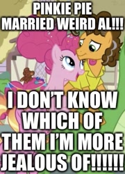 Size: 479x664 | Tagged: safe, edit, edited screencap, screencap, character:cheese sandwich, character:gummy, character:luster dawn, character:pinkie pie, ship:cheesepie, episode:the last problem, g4, my little pony: friendship is magic, caption, cropped, duo focus, excessive exclamation marks, female, image macro, male, marriage, older, older cheese sandwich, older gummy, older pinkie pie, shipping, straight, text, weird al yankovic