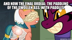 Size: 600x337 | Tagged: safe, edit, edited screencap, screencap, character:somnambula, character:sphinx, species:sphinx, episode:daring done, g4, blindfold, caption, image macro, imminent spanking, lip bite, text, the simpsons, vulgar
