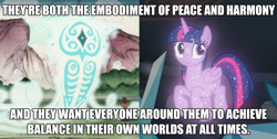 Size: 2190x1101 | Tagged: safe, edit, edited screencap, screencap, character:tree of harmony, character:treelight sparkle, character:twilight sparkle, species:alicorn, species:pony, episode:what lies beneath, g4, my little pony: friendship is magic, avatar, caption, comparison, cropped, cute, female, image macro, implied twilight sparkle, mare, not twilight sparkle, peace, raava, smiling, sparkles, spirit, spread wings, text, the legend of korra, tree of harmony, treelight sparkle, treelightbetes, twiabetes, wings