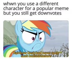 Size: 1408x1152 | Tagged: safe, edit, edited screencap, screencap, character:rainbow dash, species:pegasus, species:pony, episode:tanks for the memories, g4, my little pony: friendship is magic, angry, caption, do i look angry, downvote bait, female, image macro, mare, meme, solo, text, thomas the tank engine, vulgar