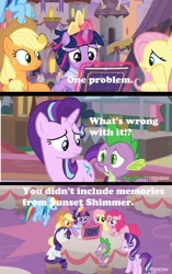 Size: 1324x2104 | Tagged: safe, edit, edited screencap, screencap, character:applejack, character:fluttershy, character:pinkie pie, character:rainbow dash, character:rarity, character:spike, character:starlight glimmer, character:sunset shimmer, character:twilight sparkle, character:twilight sparkle (alicorn), species:alicorn, species:dragon, species:pony, episode:memories and more, episode:the last problem, g4, my little pony: friendship is magic, spoiler:memories and more, book, clothing, comic, coronation dress, dress, mane seven, mane six, meme, screencap comic, second coronation dress, text, winged spike