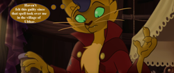 Size: 1920x804 | Tagged: safe, edit, edited screencap, screencap, character:capper dapperpaws, species:abyssinian, species:anthro, my little pony: the movie (2017), clothing, coat, implied murder, lovecraft, male, solo, the cats of ulthar, thought bubble