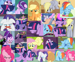 Size: 1036x857 | Tagged: safe, edit, edited screencap, screencap, character:applejack, character:derpy hooves, character:fluttershy, character:octavia melody, character:pinkie pie, character:rainbow dash, character:rarity, character:starlight glimmer, character:twilight sparkle, character:twilight sparkle (alicorn), species:alicorn, species:earth pony, species:pegasus, species:pony, species:unicorn, episode:a bird in the hoof, episode:a horse shoe-in, episode:canterlot boutique, episode:daring don't, episode:fame and misfortune, episode:father knows beast, episode:horse play, episode:hurricane fluttershy, episode:princess twilight sparkle, episode:rainbow falls, episode:read it and weep, episode:slice of life, episode:the crystal empire, episode:the last roundup, episode:the one where pinkie pie knows, episode:to where and back again, g4, my little pony: friendship is magic, annoyed, applejack's hat, bandage, big crown thingy, book, bowing, cello, clothing, compilation, cowboy hat, cropped, crying, cute, element of magic, eyes closed, female, floppy ears, flying, food, frazzled, friendship journal, glass, hat, jewelry, looking down, looking up, magic, mane six, mare, mouth hold, mud, musical instrument, prone, rarity's glasses, regalia, sad, sitting, snout