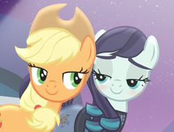 Size: 1155x877 | Tagged: safe, edit, edited screencap, screencap, character:applejack, character:coloratura, episode:the mane attraction, g4, my little pony: friendship is magic, blushing, cropped, implied rarajack, looking at each other, rara