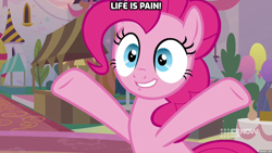 Size: 1280x720 | Tagged: safe, edit, edited screencap, screencap, character:pinkie pie, episode:memories and more, episode:the last problem, g4, my little pony: friendship is magic, spoiler:memories and more, spoiler:mlp friendship is forever, caption, image macro, life is pain, text