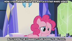 Size: 1280x720 | Tagged: safe, edit, edited screencap, screencap, character:pinkie pie, species:earth pony, species:pony, episode:memories and more, spoiler:memories and more, spoiler:mlp friendship is forever, 9now, caption, crossover, female, friendship throne, image macro, mare, meme, star wars, text