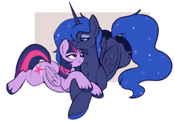 Size: 778x545 | Tagged: safe, artist:lulubell, character:princess luna, character:twilight sparkle, character:twilight sparkle (alicorn), species:alicorn, species:pony, ship:twiluna, cuddling, female, freckles, lesbian, mare, one eye closed, prone, shipping